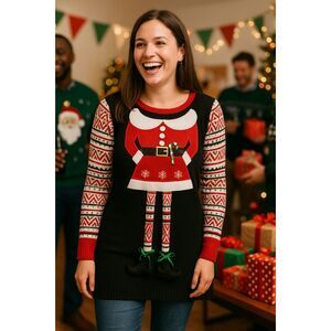 Holiday Time Sweater XL Black Red Cosplay Elf Dangly Legs Ugly Christmas Party